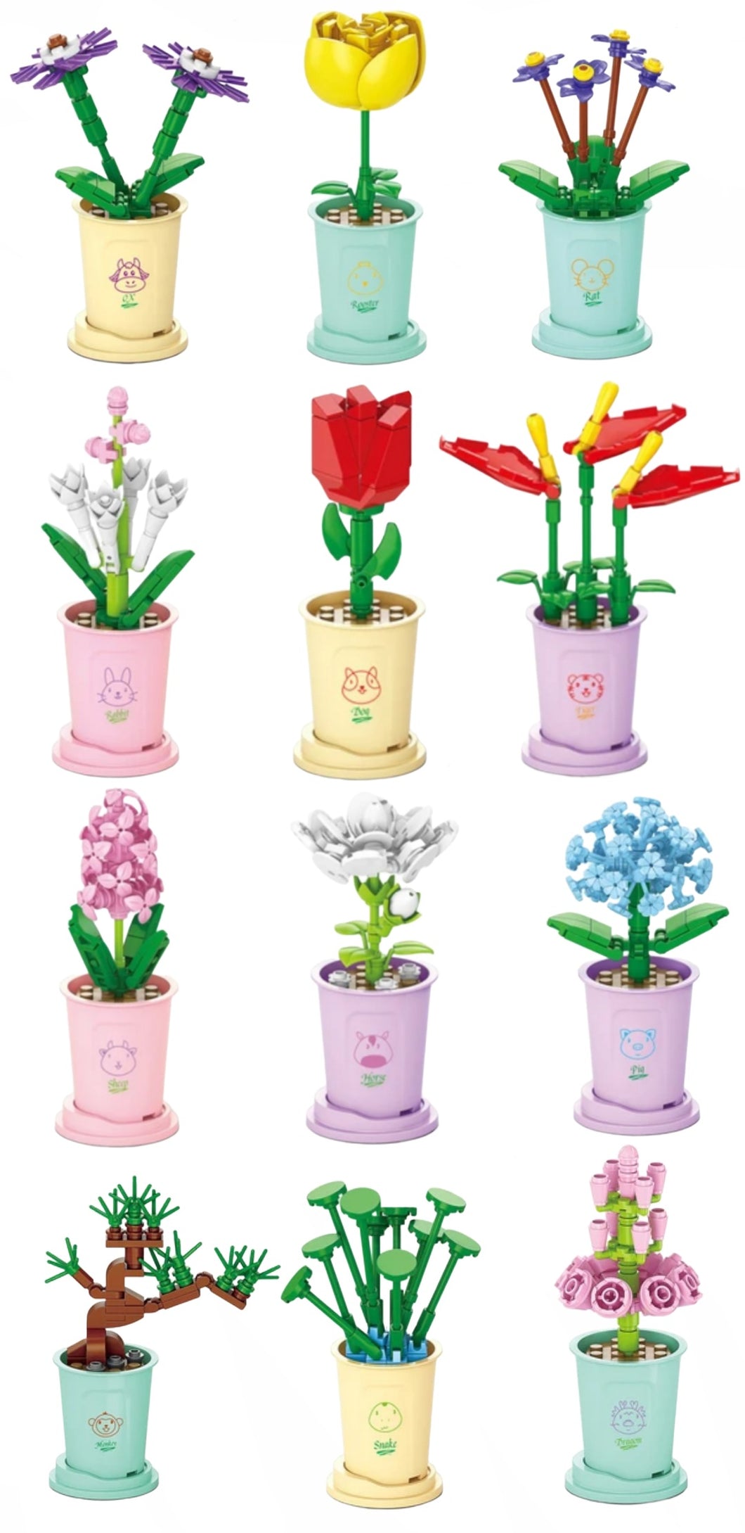 Set of 12 Botanical 3D Bouquet of Florist Flower Bricks and Potted Plants